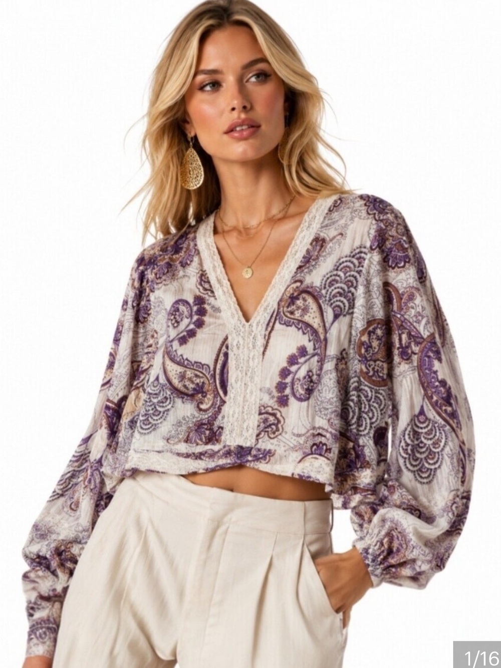 Band of the free Free people Mirabelle Boho V-Neck Paisley Blouse Purple Cream S